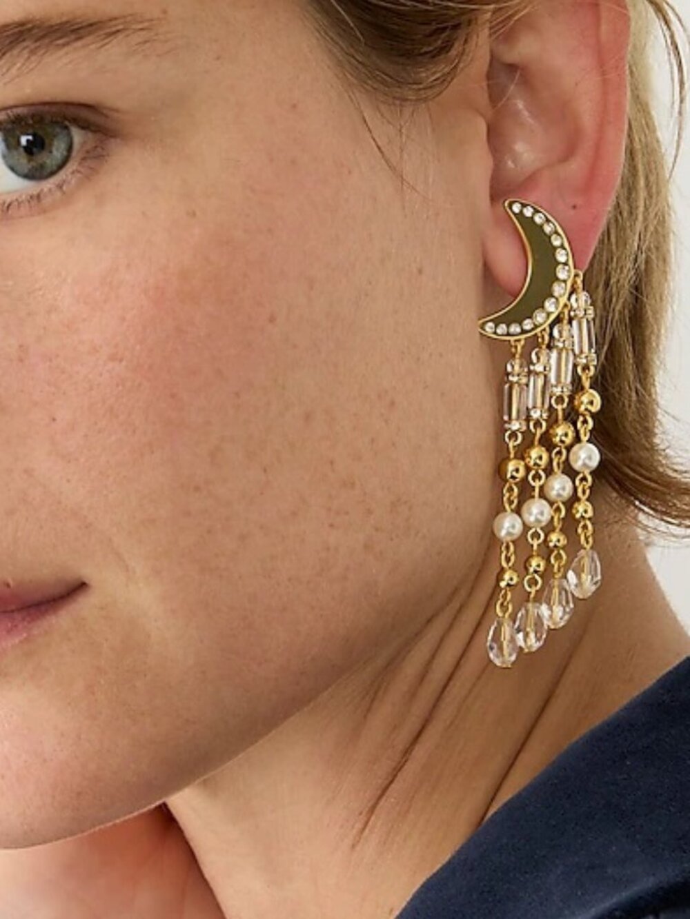 J.CREW CELESTIAL FRINGE HALF MOON EARRINGS CRYSTAL